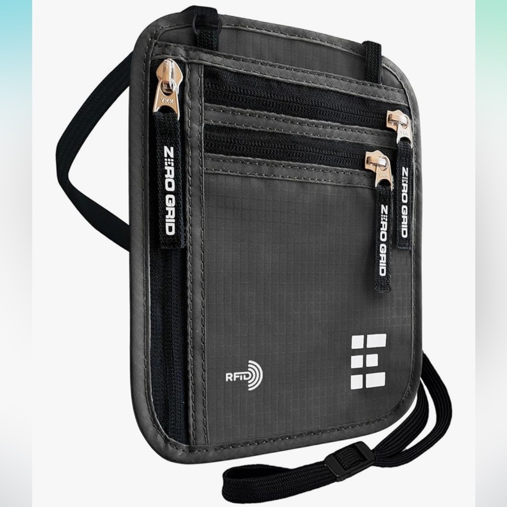 Zero Grid Neck Wallet for Travel & Passport Holder with RFID Blocking Gray